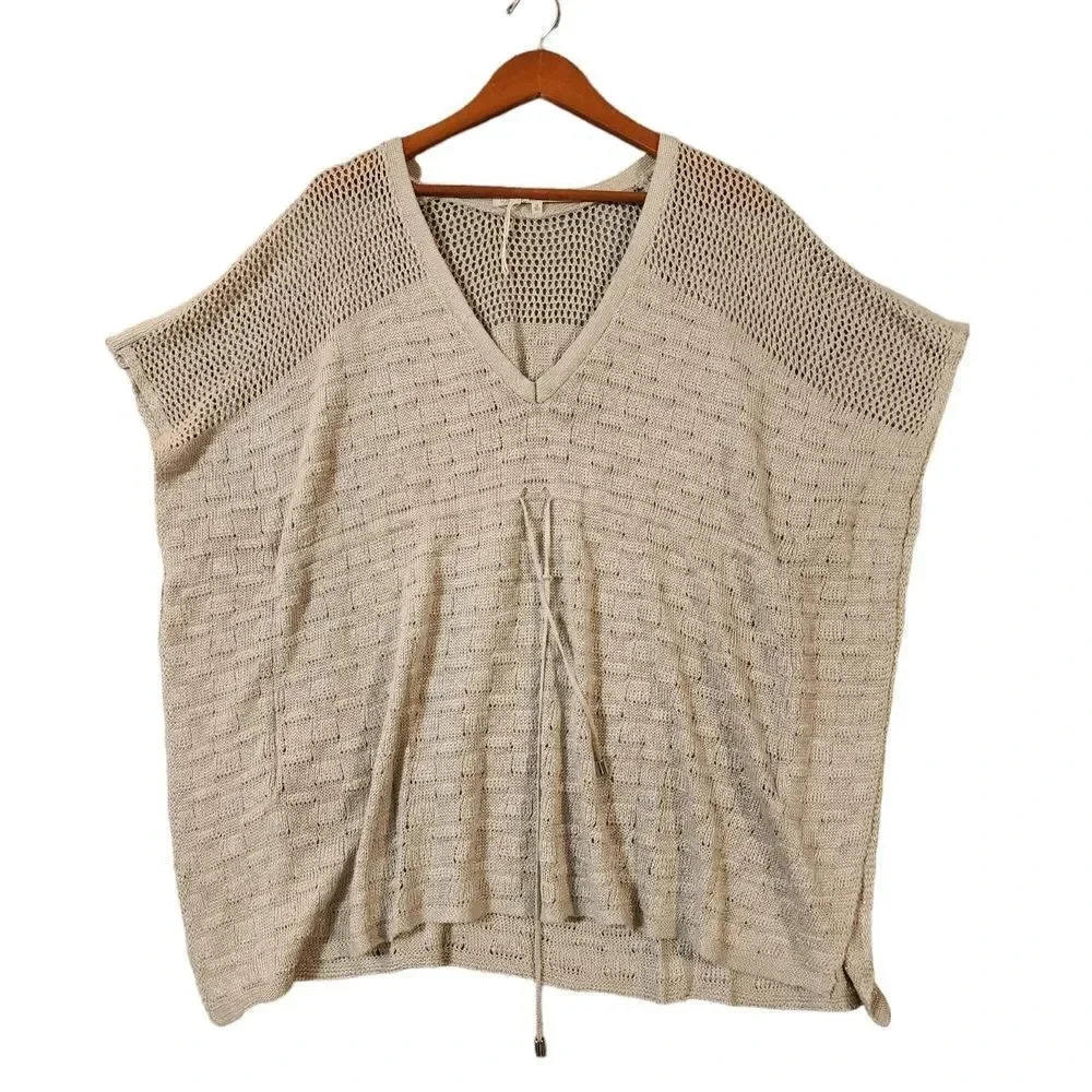 New Rachel Roy Ivory Linen Tie Waist Oversized V-Neck Knit Poncho Top Size M